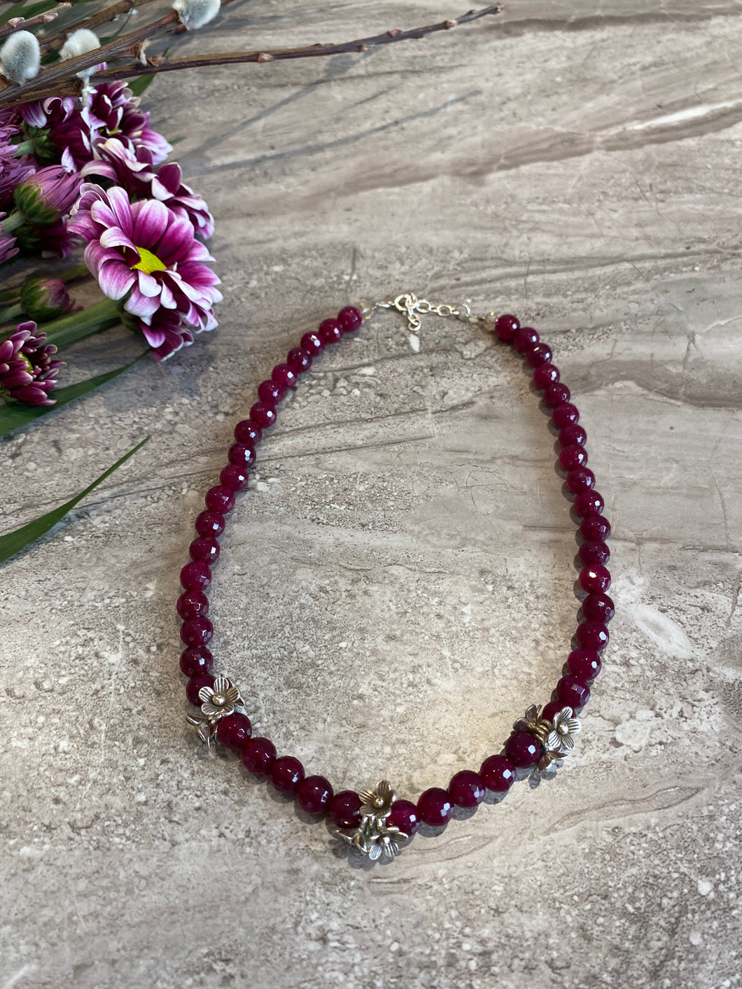 Carnelian and Silver Flower Necklace