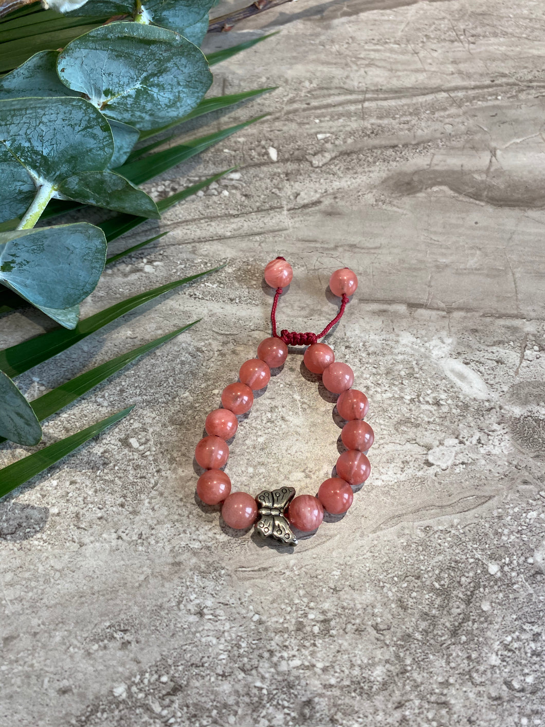 Cherry Quartz with Silver Butterfly Charm Bracelet