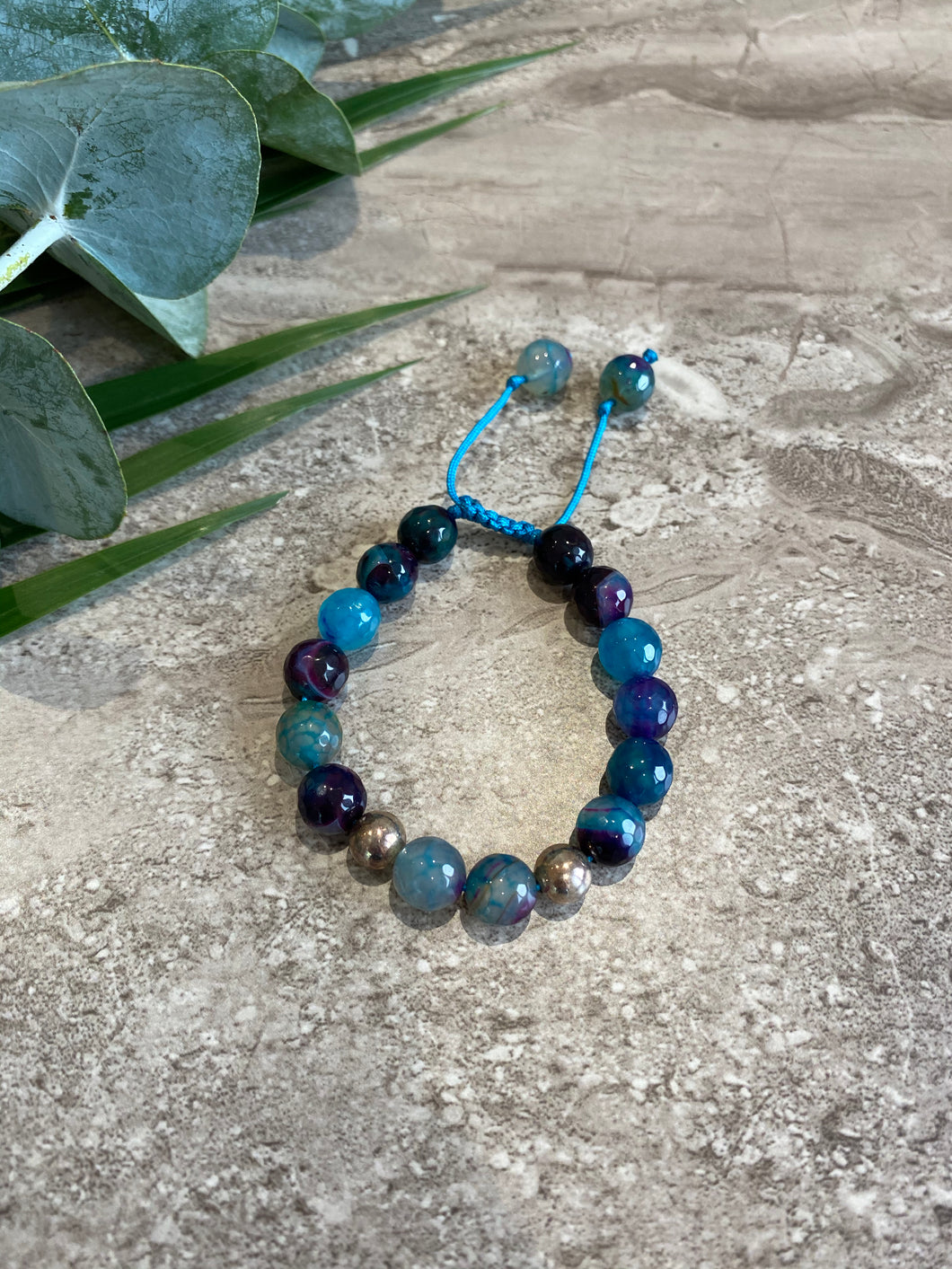 Blue Agate Bracelet with Two Silver Charms