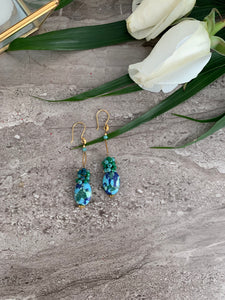 Turquoise and Green Agate Gold Pleated Silver Earrings