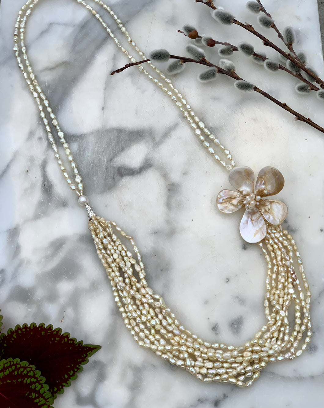 Long Pearl and Flower Shell Necklace