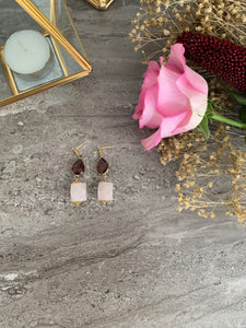 Rose Quartz and Agate Gold Pleated Silver Earrings