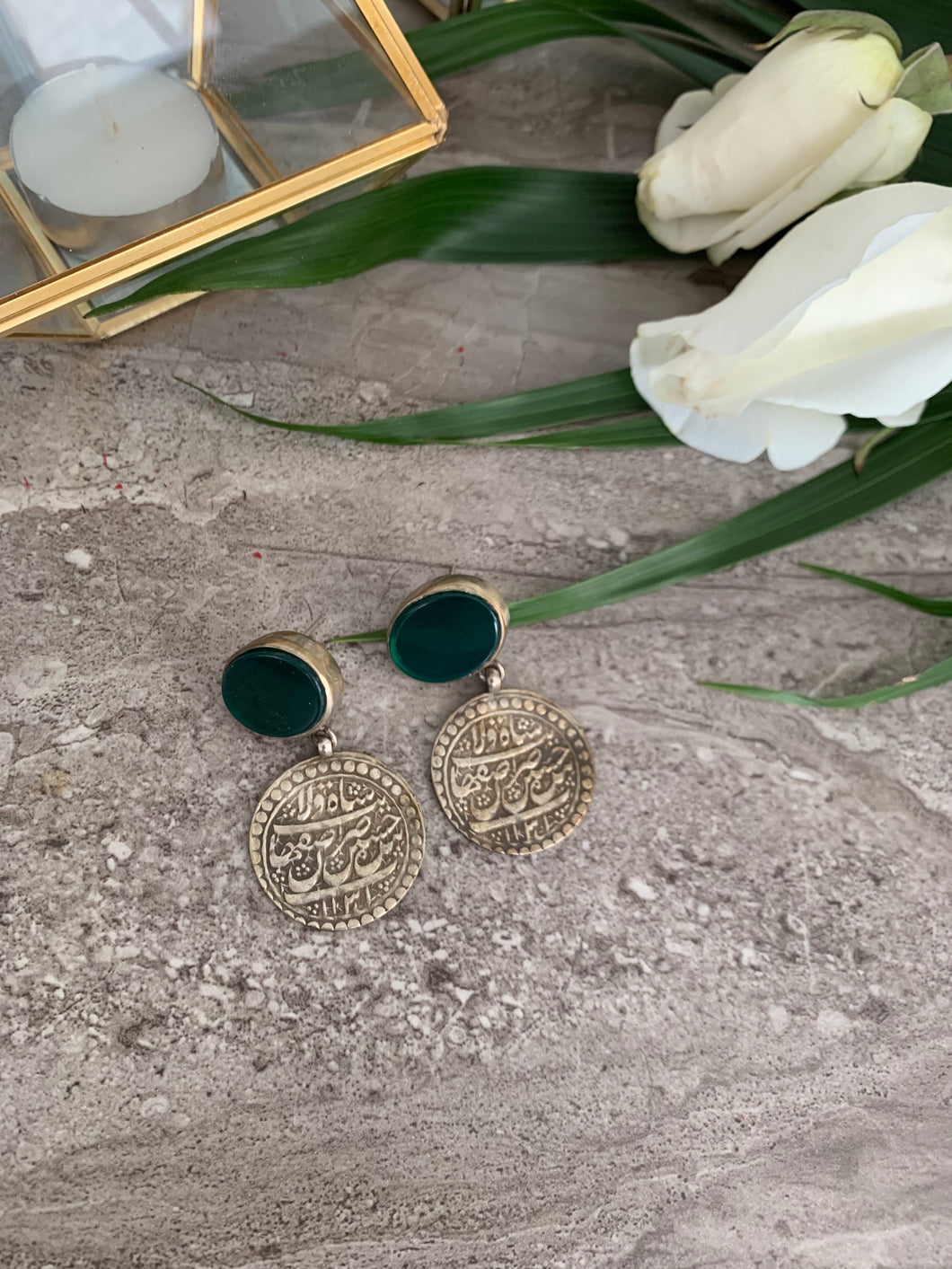 Green Agate and Silver Coin Earrings