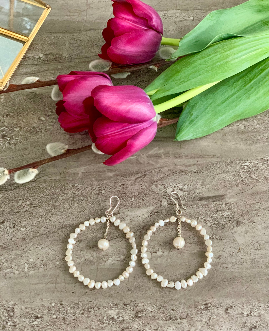 Pearl Hoop Silver Earrings