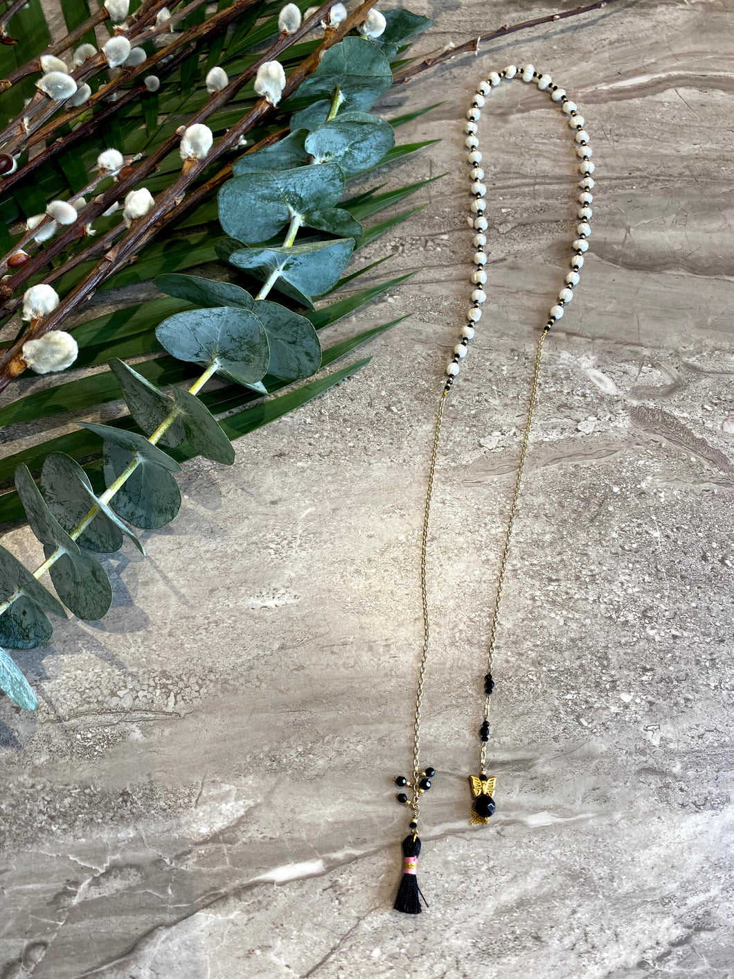 Pearl and Onyx with Gold-Plated Silver Necklace