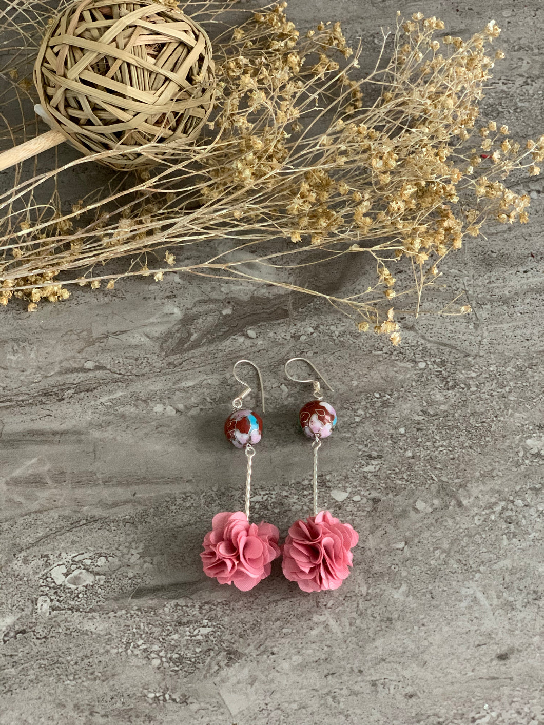 Handmade Painted Bead with Pink Flower Silver Earrings