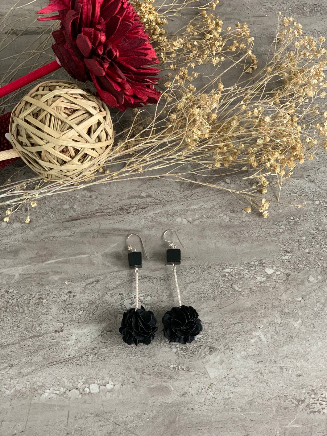 Onyx and Fabric Flower Silver Earrings