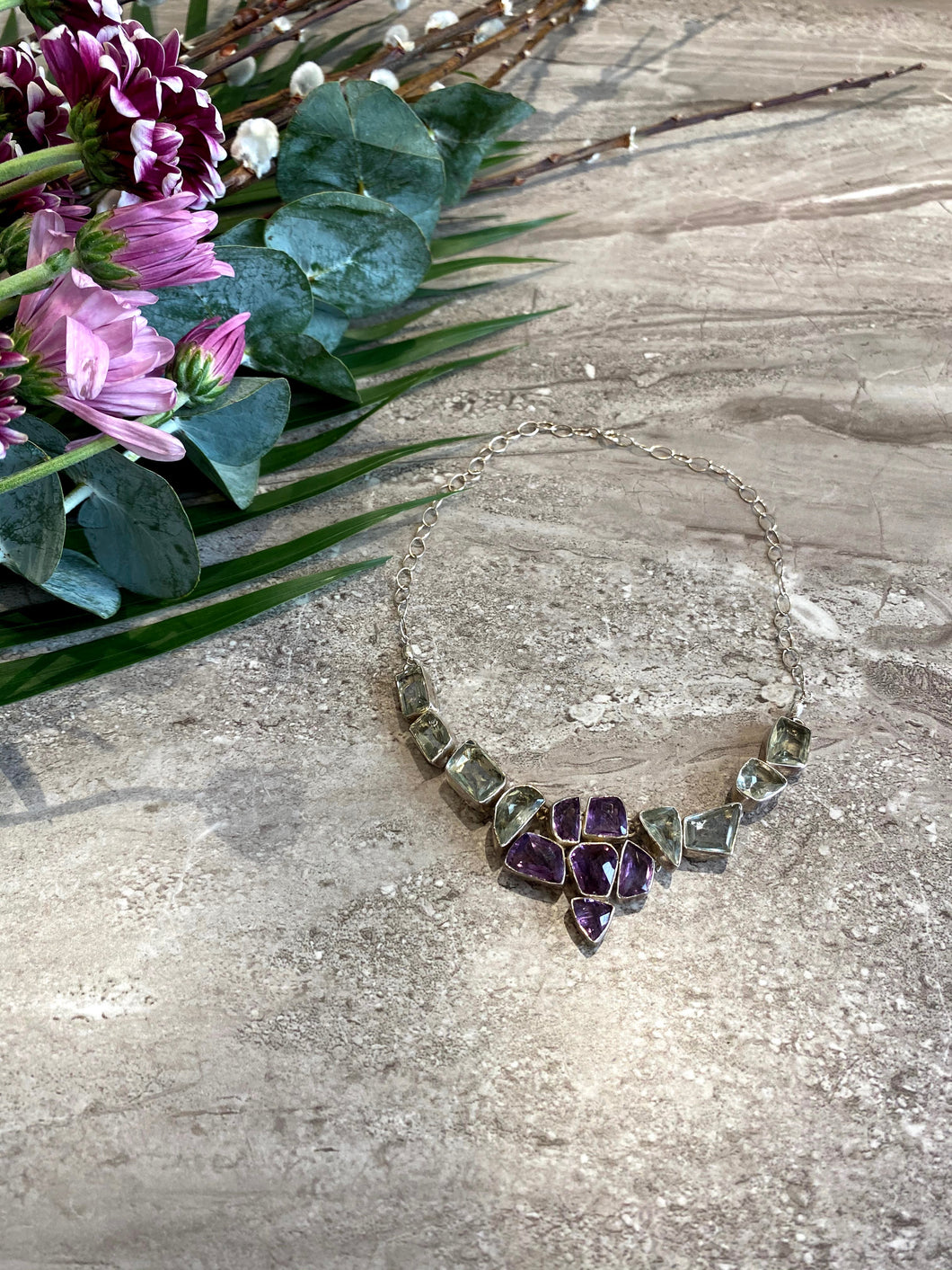 Green and Purple Amethyst Silver Necklace