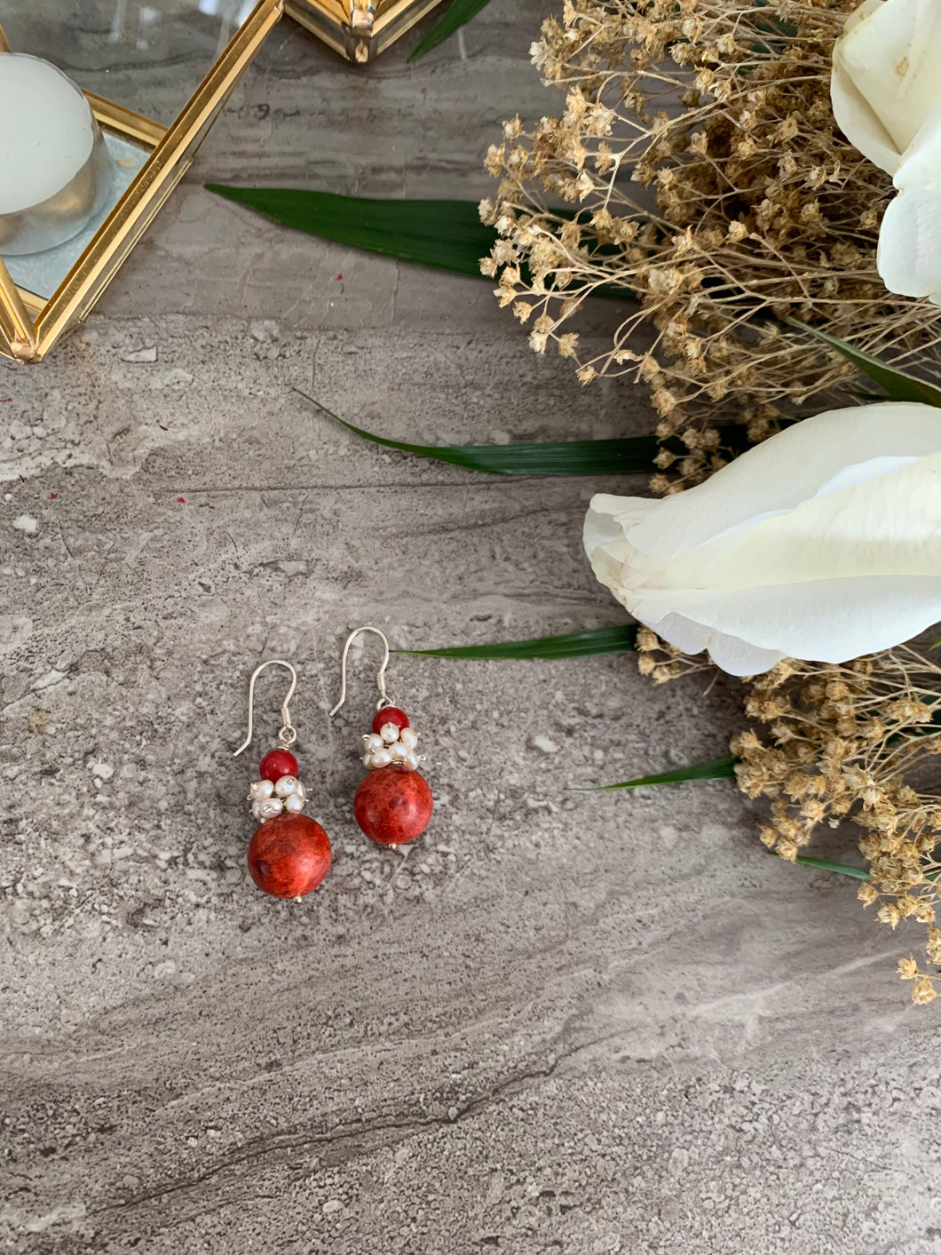 Coral and Pearl Silver Earrings