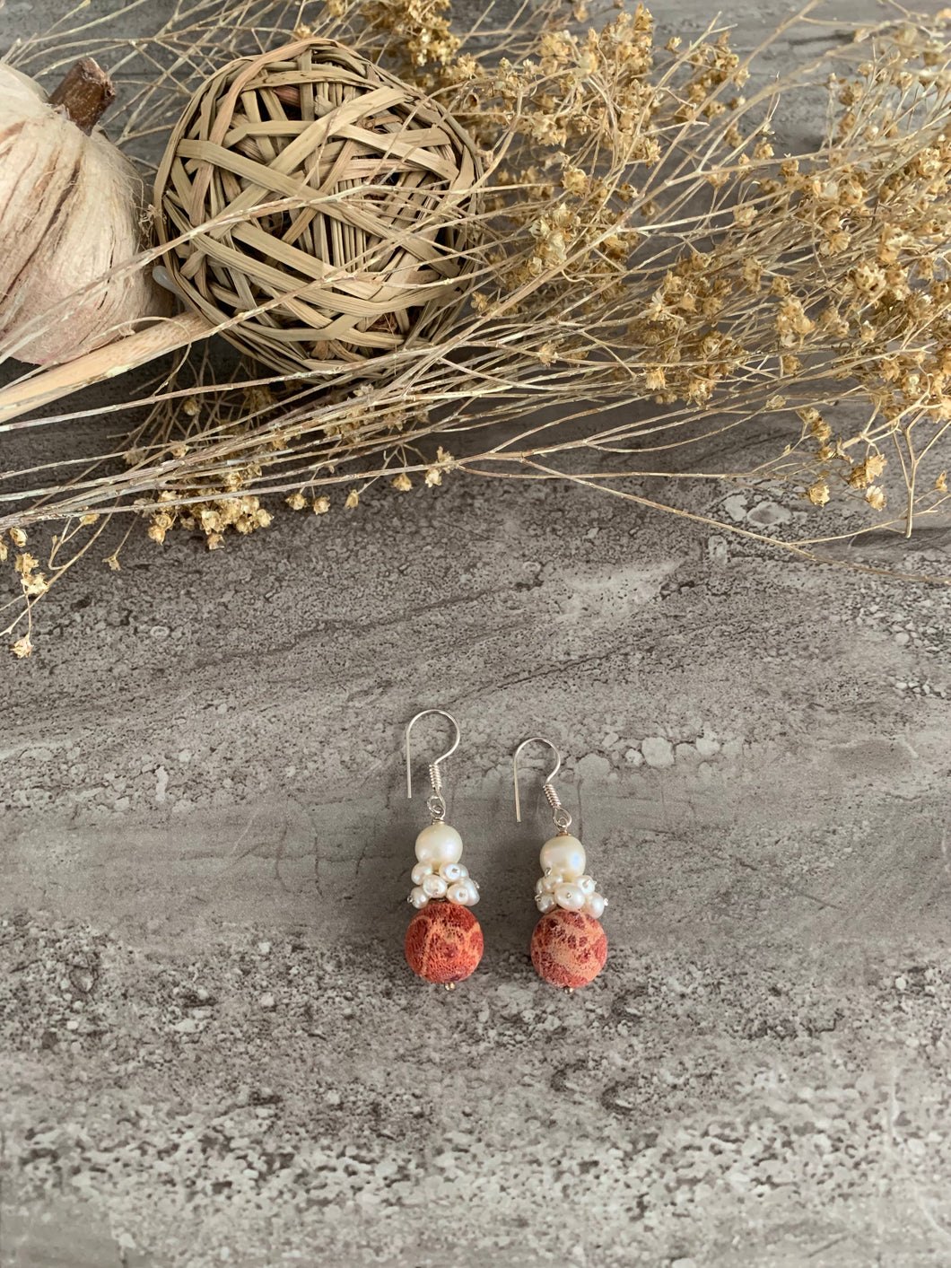 Pearl and Coral Silver Earrings