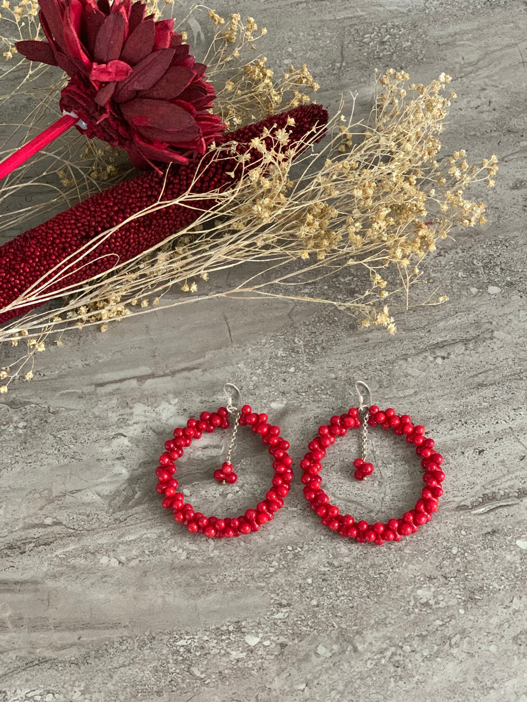 Red Coral Hoop Earrings