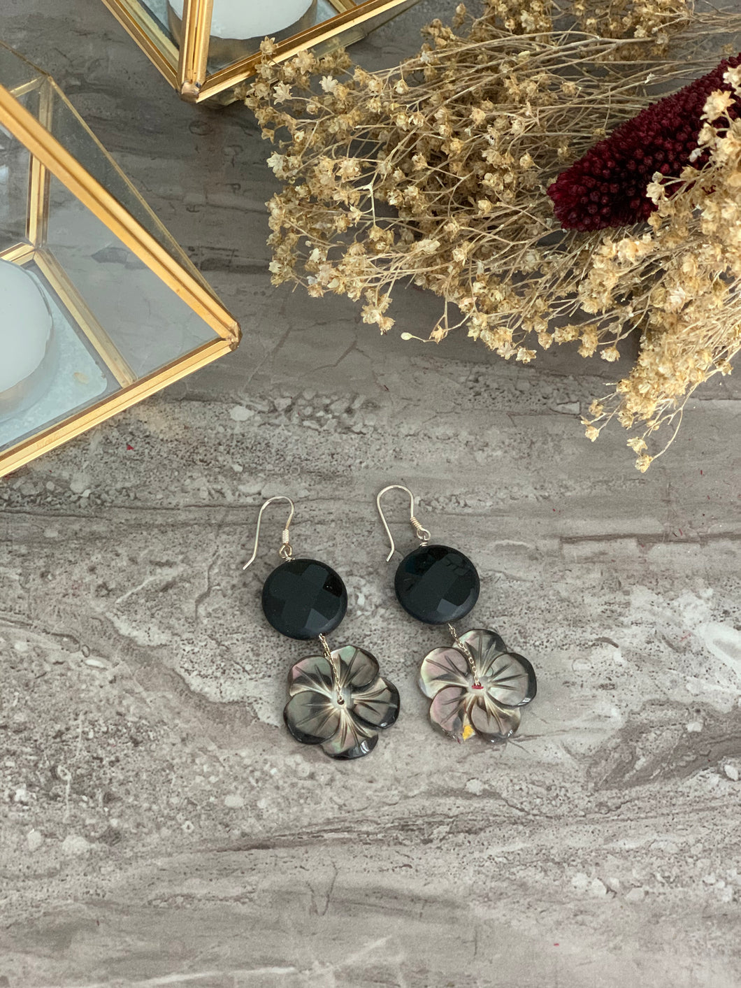 Onyx and Flower Shell Gemstone Earrings