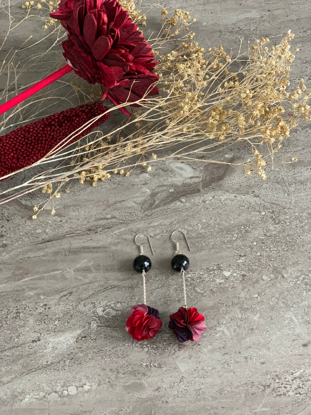 Onyx and Red Fabric Flower Silver Earrings